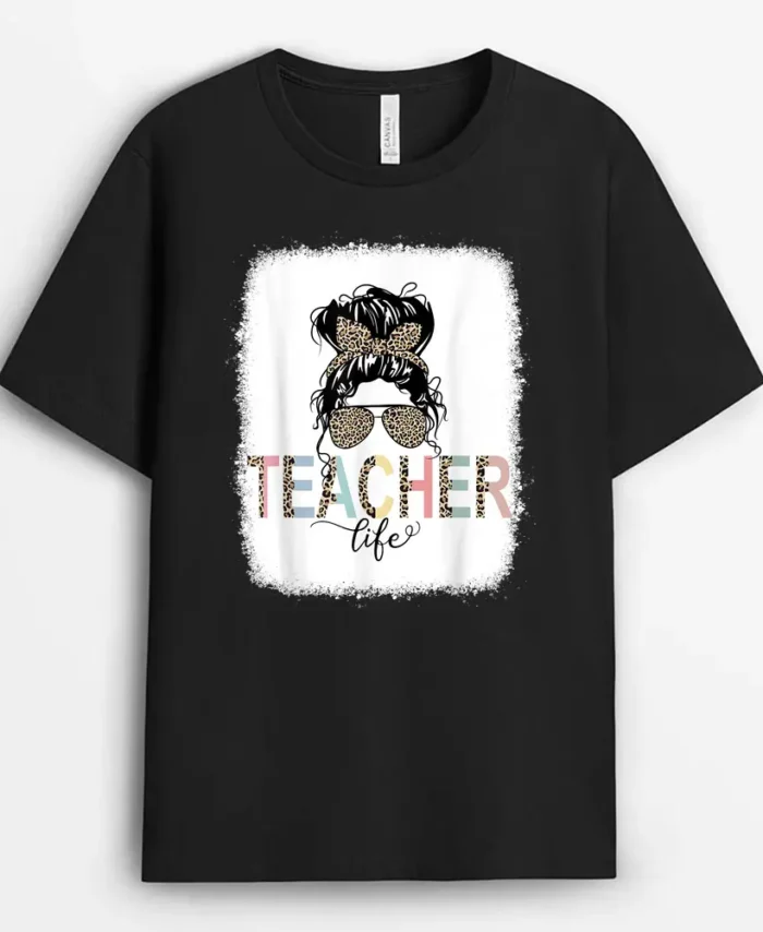 Teacher Life Bleached  Teacher Life Royal Messy Bun T-Shirt - Black