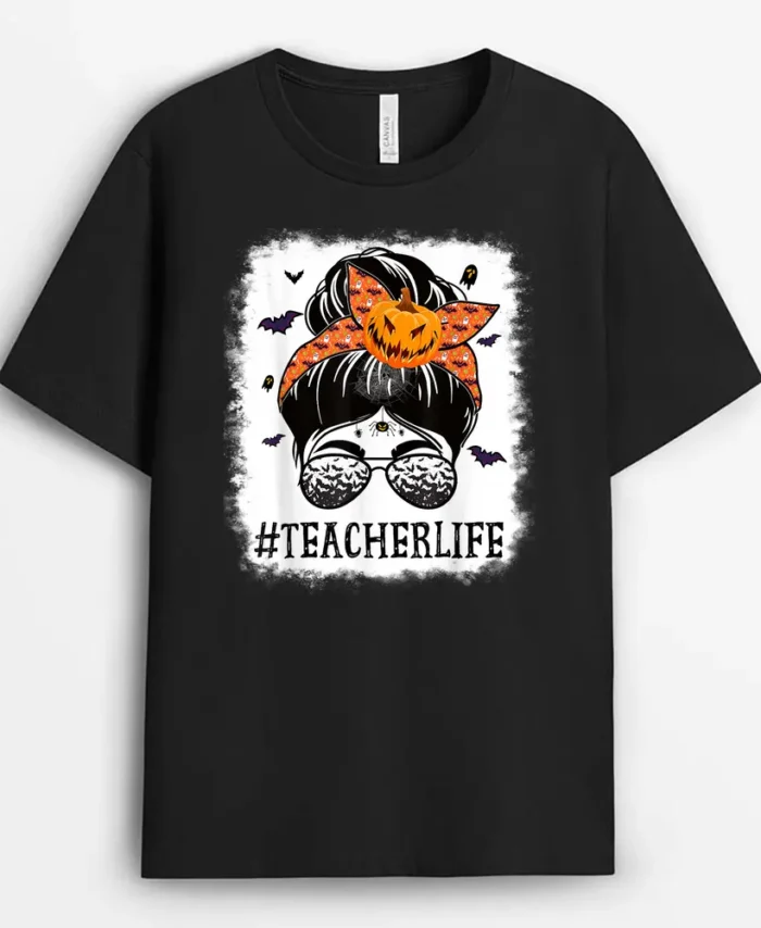 Teacher Messy Bun Spooky Pumpkin Orange Halloween Costume T-Shirt - Black