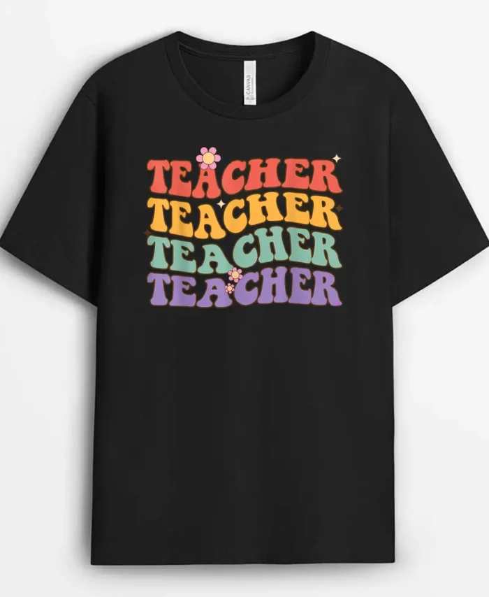Teacher - Retro Hippie Style Colorful Graphic With Flowers T-Shirt - Black