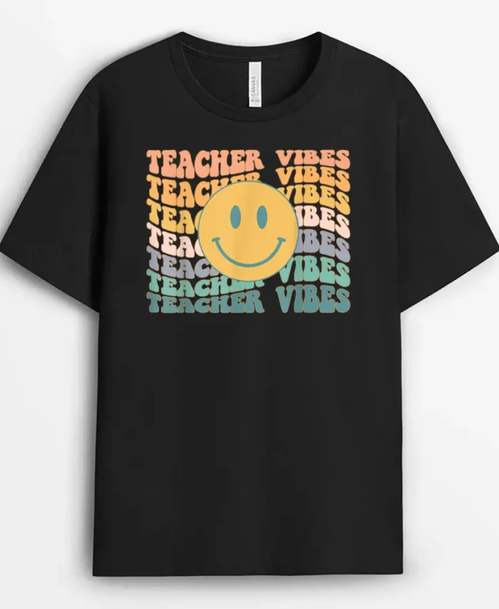 Teacher Retro Vibes Face Smile Back To School Cute New Teach T-Shirt - Black