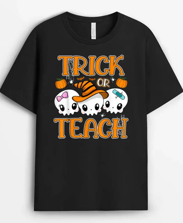 Trick Or Teach Cute Skulls Halloween Teacher T-Shirt - Black
