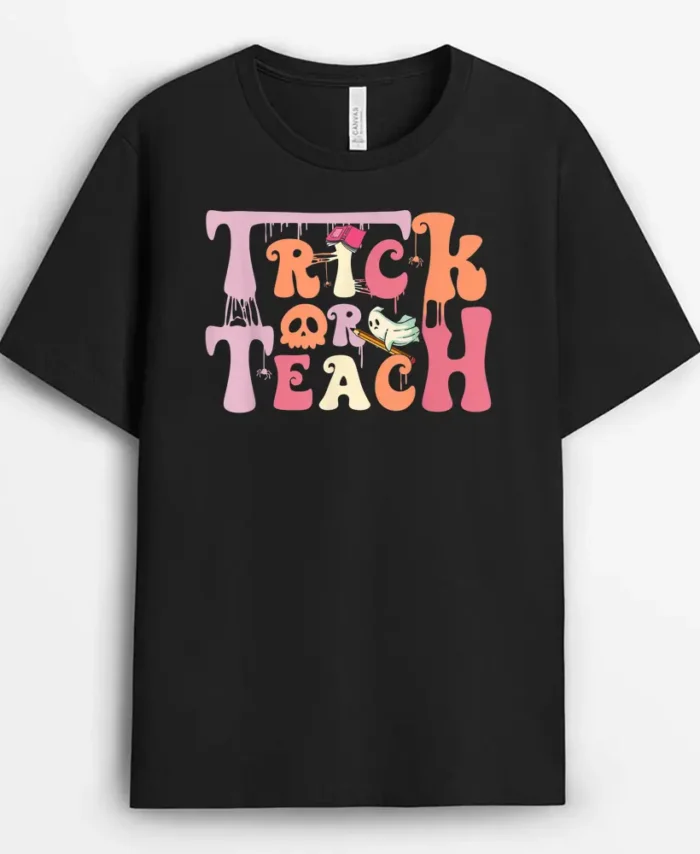 Trick Or Teach Floral Groovy Halloween Teacher Retro Ghost T-Shirt - Black