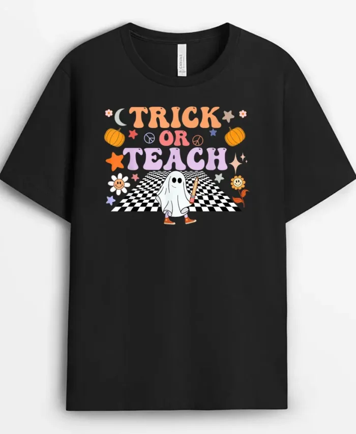 Trick Or Teach Ghost Teacher Halloween Retro Groovy Hippie T-Shirt - Black