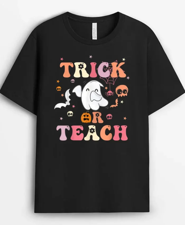 Trick Or Teach Groovy Teacher Halloween Costume T-Shirt - Black