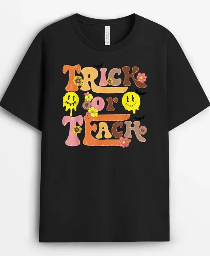 Trick Or Teach Spooky Teacher Halloween Teacher Day Retro T-Shirt - Black