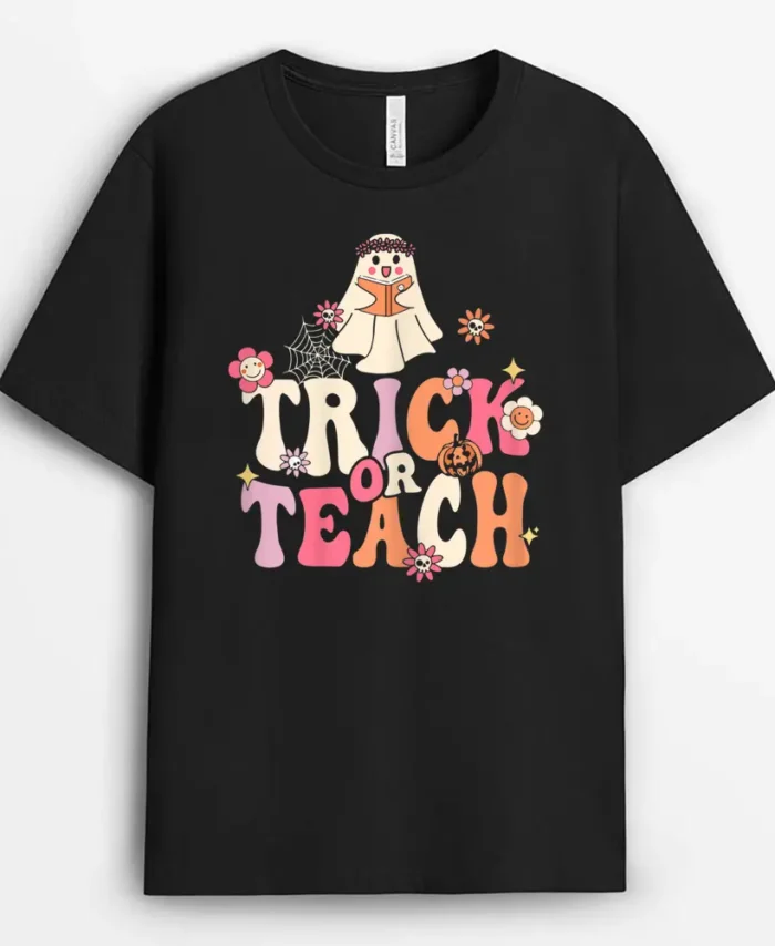 Womens Retro Groovy Halloween Trick Or Teach Vintage Teacher Ghost T-Shirt - Black