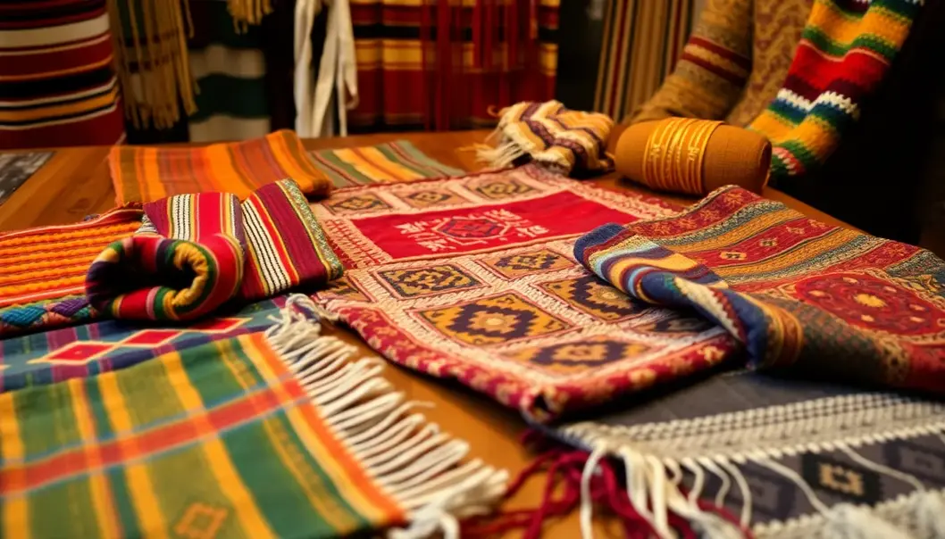 A display of traditional textiles showcasing diverse weaving techniques.