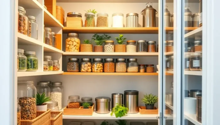 A beautifully organized pantry featuring eco-friendly glass jars and bamboo bins under natural lighting.