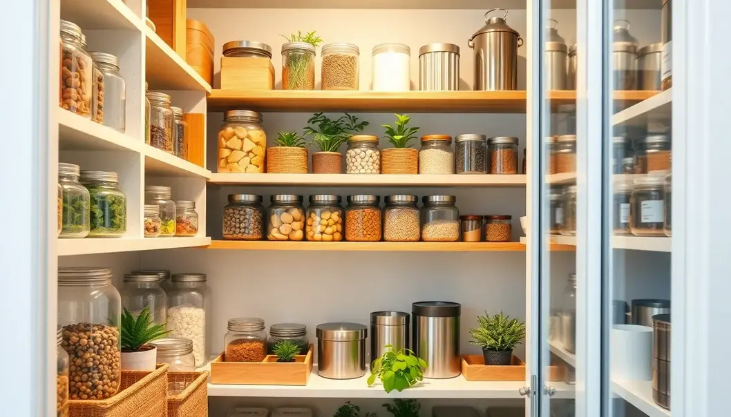 A beautifully organized pantry featuring eco-friendly glass jars and bamboo bins under natural lighting.