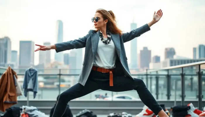 A stylishly dressed person performing a stretch with clothing and accessories, symbolizing fashion harmony.