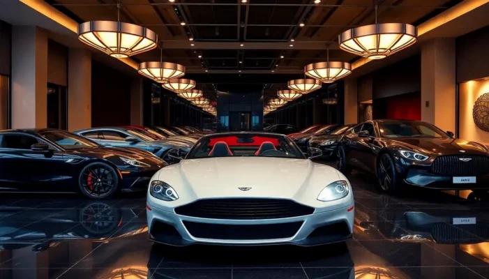 A luxurious car showroom showcasing elite vehicles, epitomizing the subscription-based ownership model.