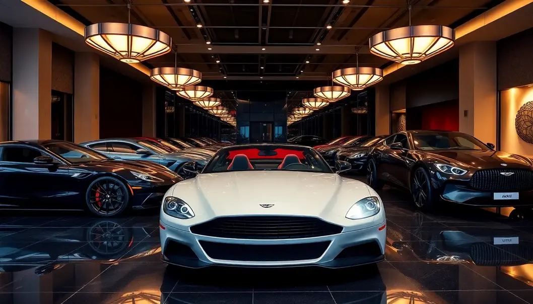 A luxurious car showroom showcasing elite vehicles, epitomizing the subscription-based ownership model.