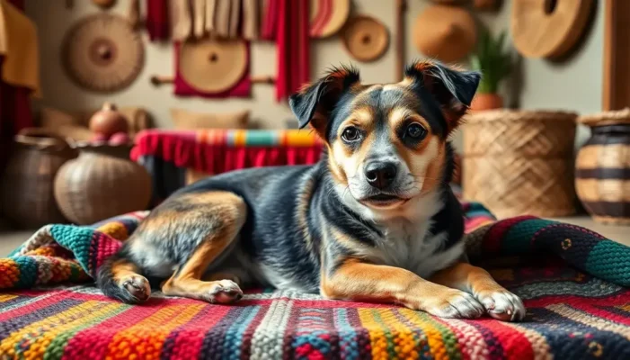 A dog resting on a colorful handwoven blanket in a homey setting.