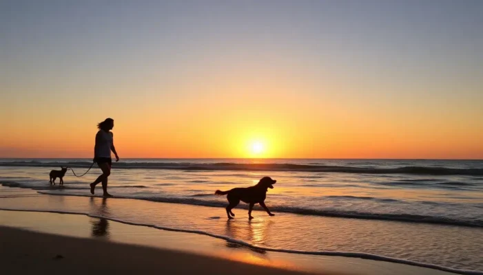 Silhouettes of a pet owner and dog walking on a tranquil beach at sunset.