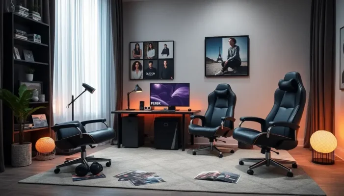A fashionable gaming setup with high-end gear and decor.