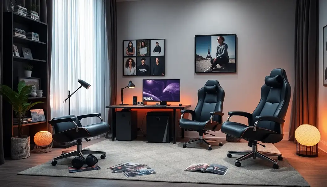 A fashionable gaming setup with high-end gear and decor.
