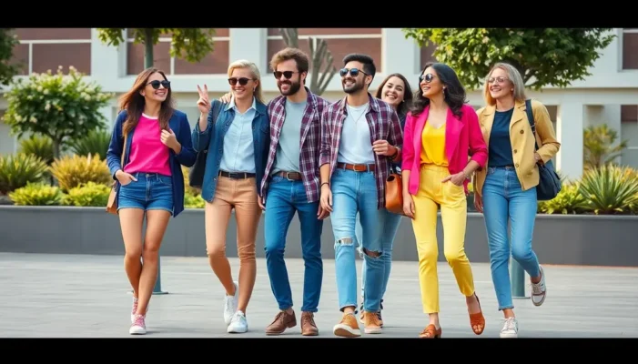 A group of friends in diverse, colorful casual outfits enjoying outdoor activities, showcasing weekend style.